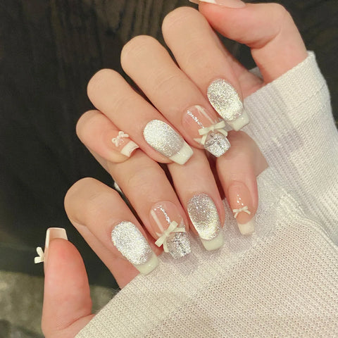 10pcs Sweet Ballet Style Handmade Fake Nails Bowknots Ribbon Cream French Tips Press On Nail Blush Shiny Cat's Eye False Nails