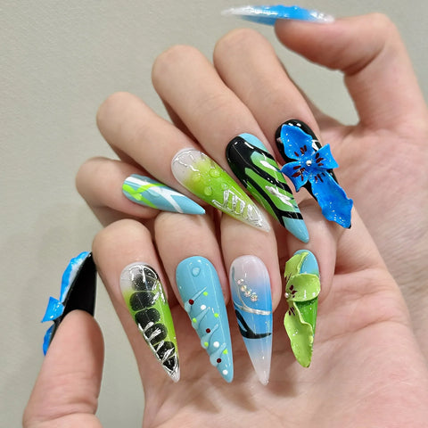 10pcs Sweet Cool Handmade False Nails Y2k Long Stiletto Blue 3D Carved Flower Press On Nails Hawaiian Style Summer Fake Nail