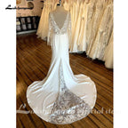 NumberSea - Vestido de novia bohemio de manga larga con encaje vintage 2025, vestido de novia sexy de satén suave con espalda descubierta 