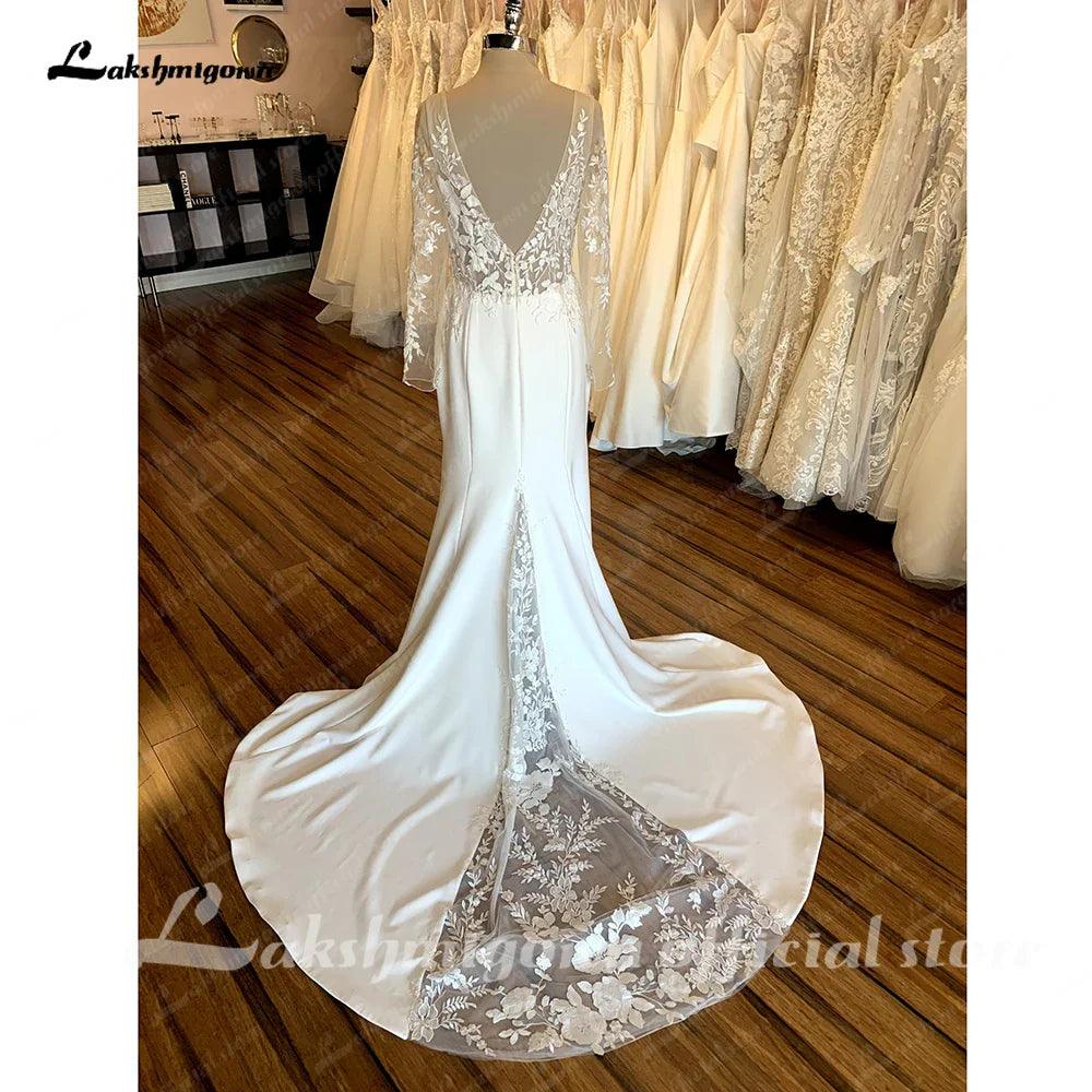NumberSea - Vestido de novia bohemio de manga larga con encaje vintage 2025, vestido de novia sexy de satén suave con espalda descubierta 