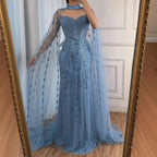Luxury Blue Sequin Beaded Evening Dress with Cape Sleeves