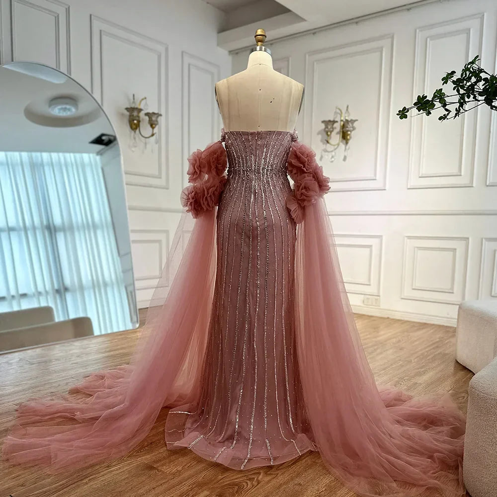 Luxury Pink Beaded Mermaid  Arabic Evening Dress with Cape