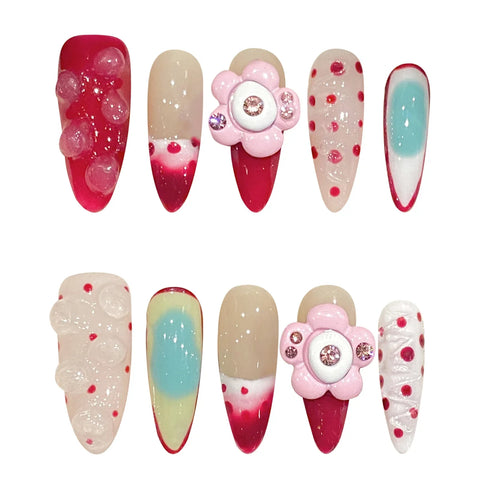 10pcs Red French Style Press On Nails Glossy Blush Pink Handmade False Nail 3D Flower Designs Reusable Long Almond Fake Nail Tip