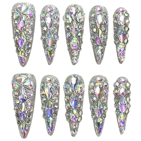 10pcs Full Shiny Diamond Handmade False Nails Light Luxury Long Pointed Press On Nails Full Cover Y2k Fake Nail New Year Gifts