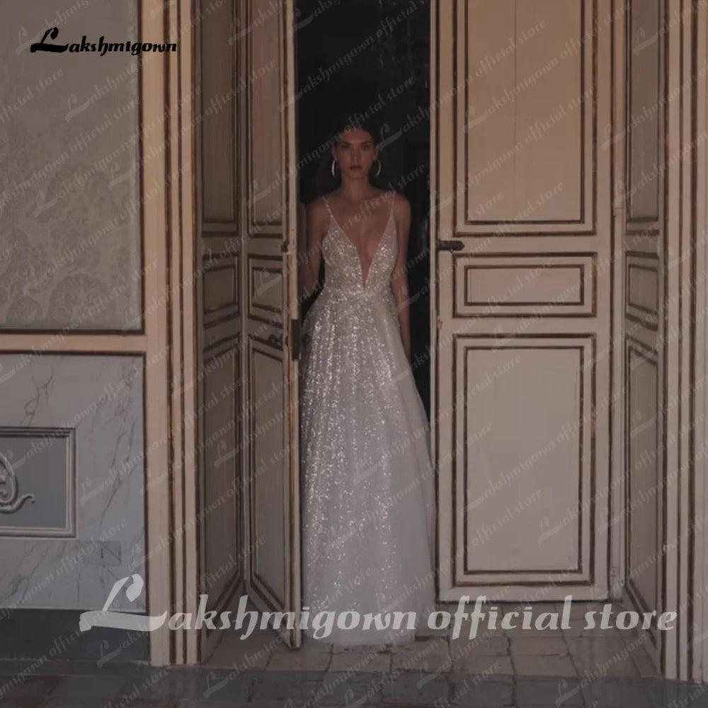 NumberSea Split Side Shiny Glitter Boho Women Wedding Dress for Bride Spaghetti Straps Wedding Gown batas de novia para