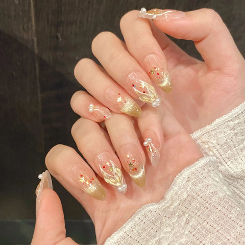 10pcs Shimmery Cat's Eye Handmade False Nails Hand-painted Gold Mermaid Tail Pearl Press On Nails Sweet Girls Almond Fake Nail