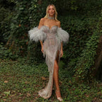 Luxury Silver Nude Mermaid Evening Dress with Beaded Tassel