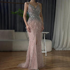 Serene Hill Arabic Black Spaghetti Strap Split Feathers Beaded Mermaid Evening Dresses Gownsfor Women Wedding Party 2024 LA70623