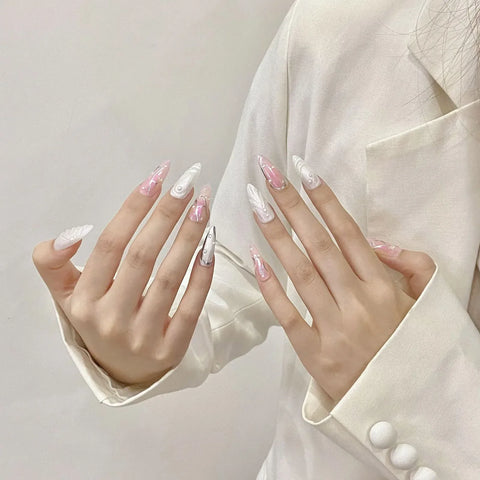 10pcs Long Almond Press On Nails Handmade Pink White Cat's Eye False Nail Tips Pearl Designs Sweet Wearable Fake Nail Patches