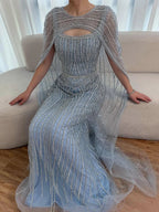 Vestido de Noche de Lujo Azul Diamante con Capa