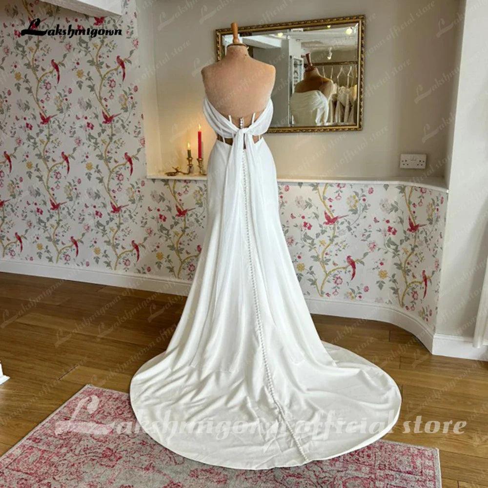 Vestidos de novia elegantes con frunces y corte sirena de crepé elástico con hombros descubiertos y mangas desmontables en talla grande. 