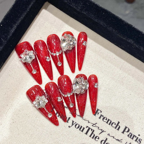 10pcs Handmade Red False Nails Long Stiletto Punk Style Press On Nails Y2k Glossy Diamond Flower Designs Fake Nail Patches