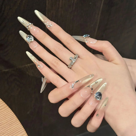 10pcs Long Ballet Press On Nails Glitter Champagne Gold French Blush Cat's Eye Handmade Fake Nails Flash Diamond False Nail Tips