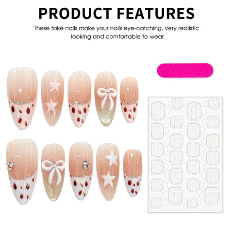 10pcs Y2k Bowknot Star Press On Nails Sweet Blush Pink Leopard Print French Style Handmade False Nail White Edge Almond Manicure