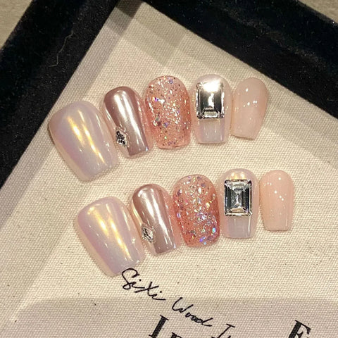 10pcs Short Square Press On Nail Aurora Pink Glosy Rhinestone Designs Handmade Fake Nails Wearable Flash Sequins False Nails