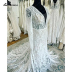 Vestidos de novia NumberSea 2025 con escote en V pronunciado, mangas largas, encaje, sirena, batas, sexy, estilo bohemio, para playa, sin espalda 