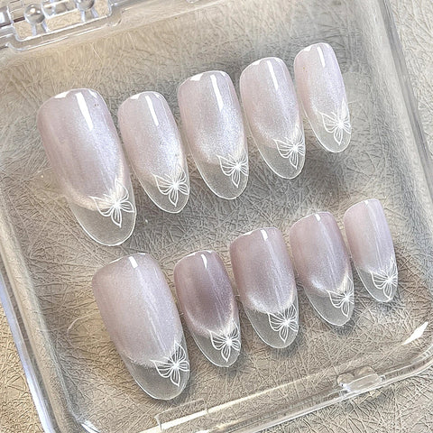 10pcs Handmade Almond Press On Nails Flash Cat's Eye False Nail Patches White French Style Detachable Fake Nail Tips For Women