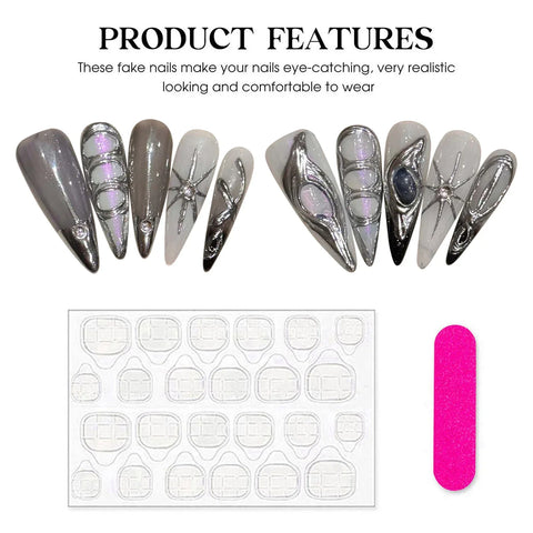 10pcs Punk Style Press On Nails Handmade Long Stiletto Y2k Fake Nail Tips Glossy Grey Fake Nail Patches With Metal Stripe Decor