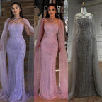 Serene Hill Caramel Elegant Cape Sleeves Beaded Mermaid Luxury Dubai Evening Dresses Gowns For Women Wedding Party 2024 LA71905B