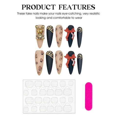 10pcs Leopard Print Press On Nails Gold Bear 3D Red Bowknot Baroque Handmade Fake Nail Heavy Luxury Long Stiletto False Nail Tip