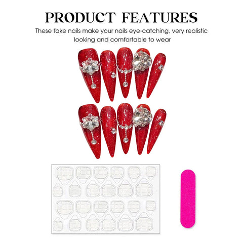 10pcs Handmade Red False Nails Long Stiletto Punk Style Press On Nails Y2k Glossy Diamond Flower Designs Fake Nail Patches