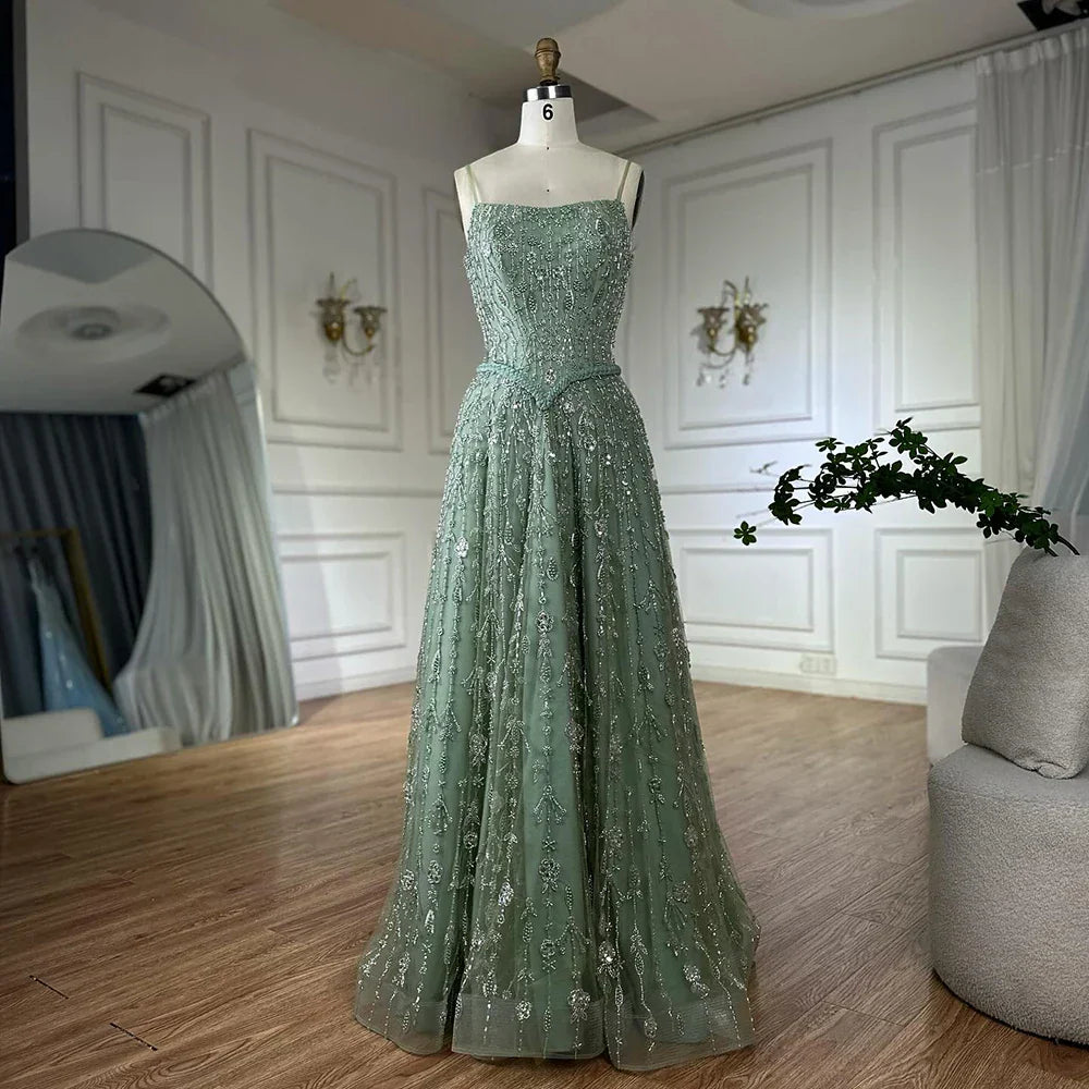 Luxury Sage Green Beaded A-Line Spaghetti Strap Evening Dress
