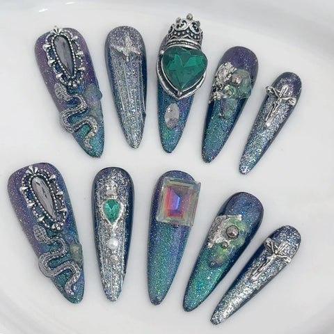 10pcs Punk Style Press On Nails Handmade Long Stiletto Y2k Fake Nail Tips Glossy Grey Fake Nail Patches With Metal Stripe Decor