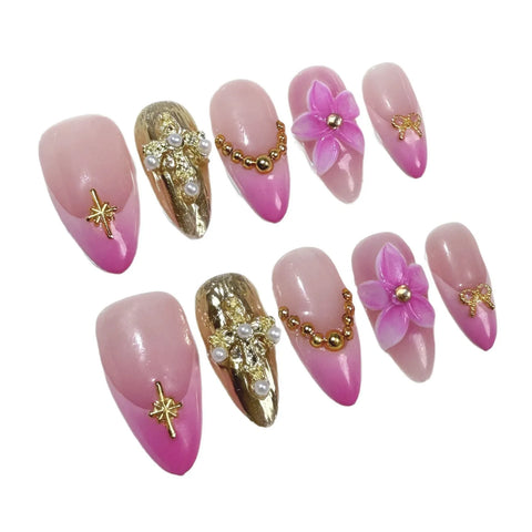 10pcs Rose Pink French Style Press On Nails Hand Carved Flower Gold Pearl Decor False Nails Ice Transparent Almond Fake Nail Tip