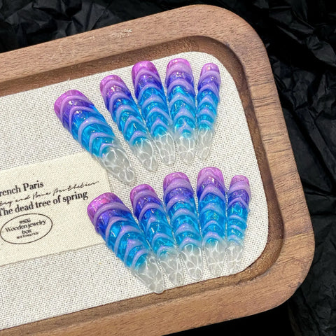 10pcs Handmade Press On Nails Gradient Blue Purple 3D Water Ripple French Style Fake Nails Starry Sky Long Ballerina False Nail
