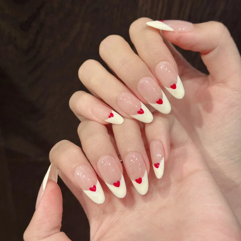 10pcs White Edge French Style Press On Nails Simple Red Love Heart Designs Handmade False Nails Sweet Almond Fake Nail For Girls
