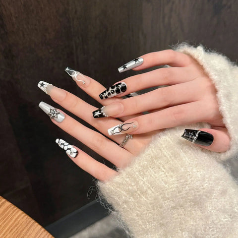10pcs Y2k Black French Press On Nails Handmade Crocodile Pattern Five-point Star False Nails Metal Punk Style DIY Manicure Art