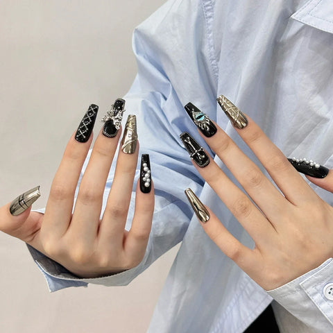 10pcs Dark Black Handmade Fake Nails MId-lenght Y2k Style Press On Nails Metal Butterfly Cross Pearl Designs False Nail Patches