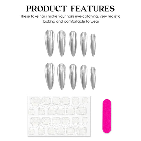 10 Stück handgemachte silberne Press-On-Nägel, glänzend, lang, mandelförmig, künstliche Nagelflecken, vollständige Abdeckung, Ballerina, tragbar, falsche Nagelspitzen für Mädchen 