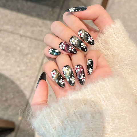 10pcs Colorful Painting Flower False Nails Handmade Aurora Black Press On Nails Detachable Almond Fake Nail Tips For Cool Girls