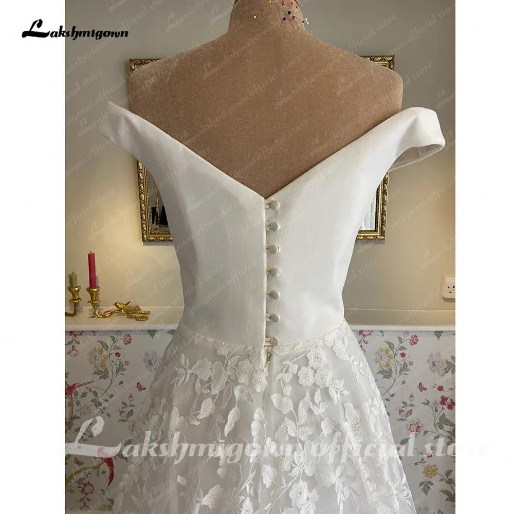 Vestido de novia bohemio de playa con escote barco y mangas cortas, corte A, estilo bohemio, de NumberSea, color blanco roto, para recepción nupcial, 2024 