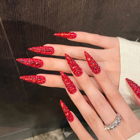 10pcs Full Shiny Rhinestone Press On Nails Handmade Red Long Stiletto Luxury False Nails Full Cover Y2k Fake Nail For Summer
