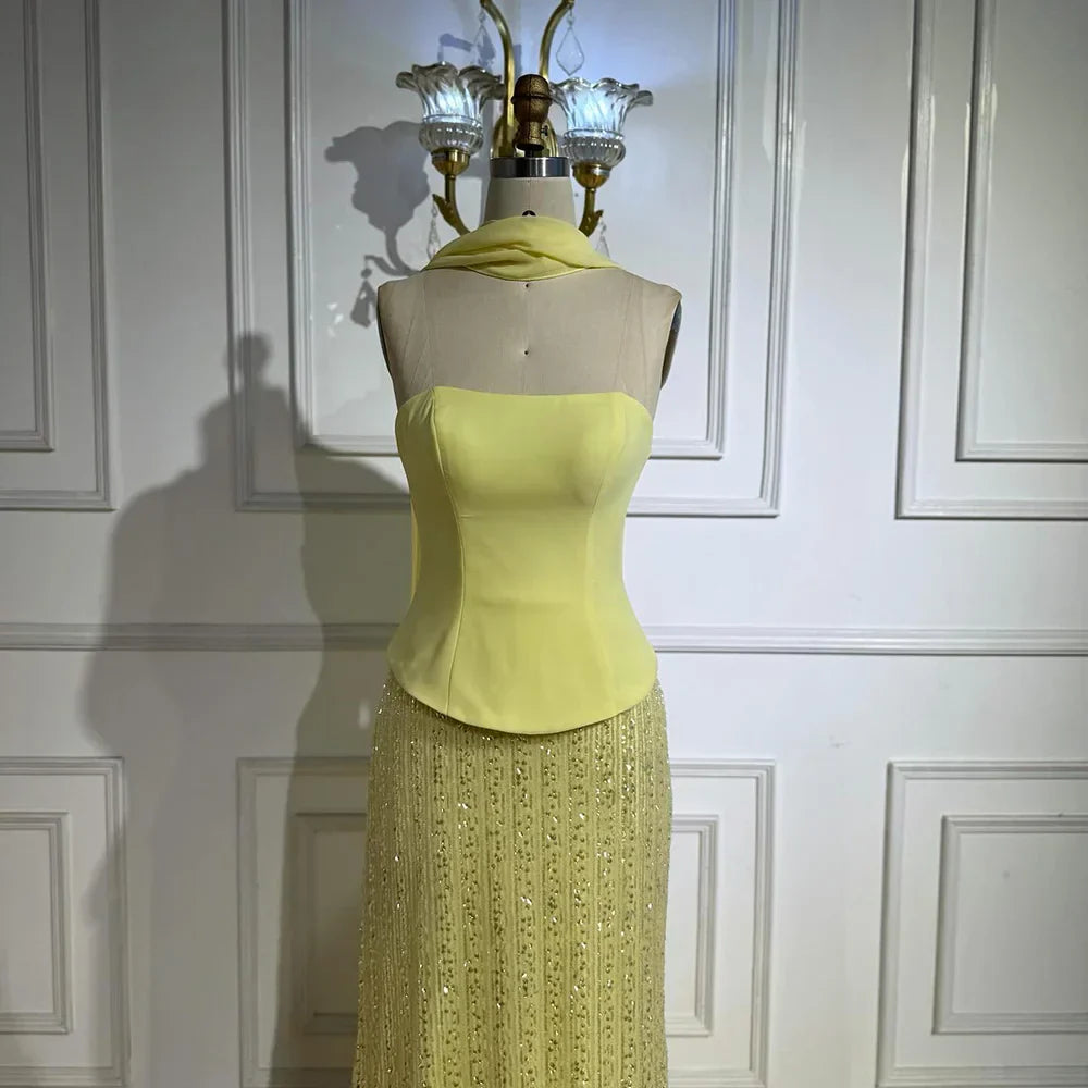 Vestido de noche de sirena de chifón amarillo de lujo con capa LA73007