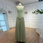 Elegante vestido de noche de chifón color verde salvia corte A