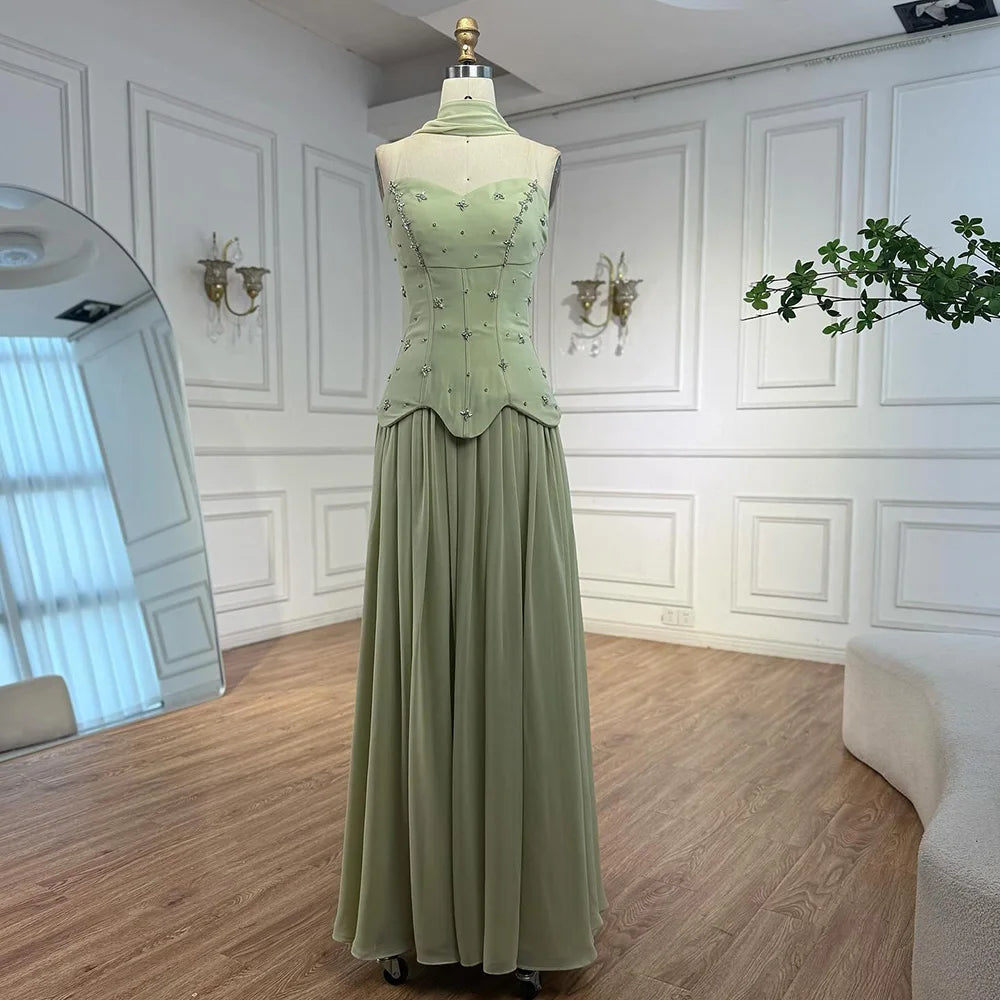 Elegante vestido de noche de chifón color verde salvia corte A