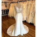 NumberSea - Vestido de novia bohemio de manga larga con encaje vintage 2025, vestido de novia sexy de satén suave con espalda descubierta 