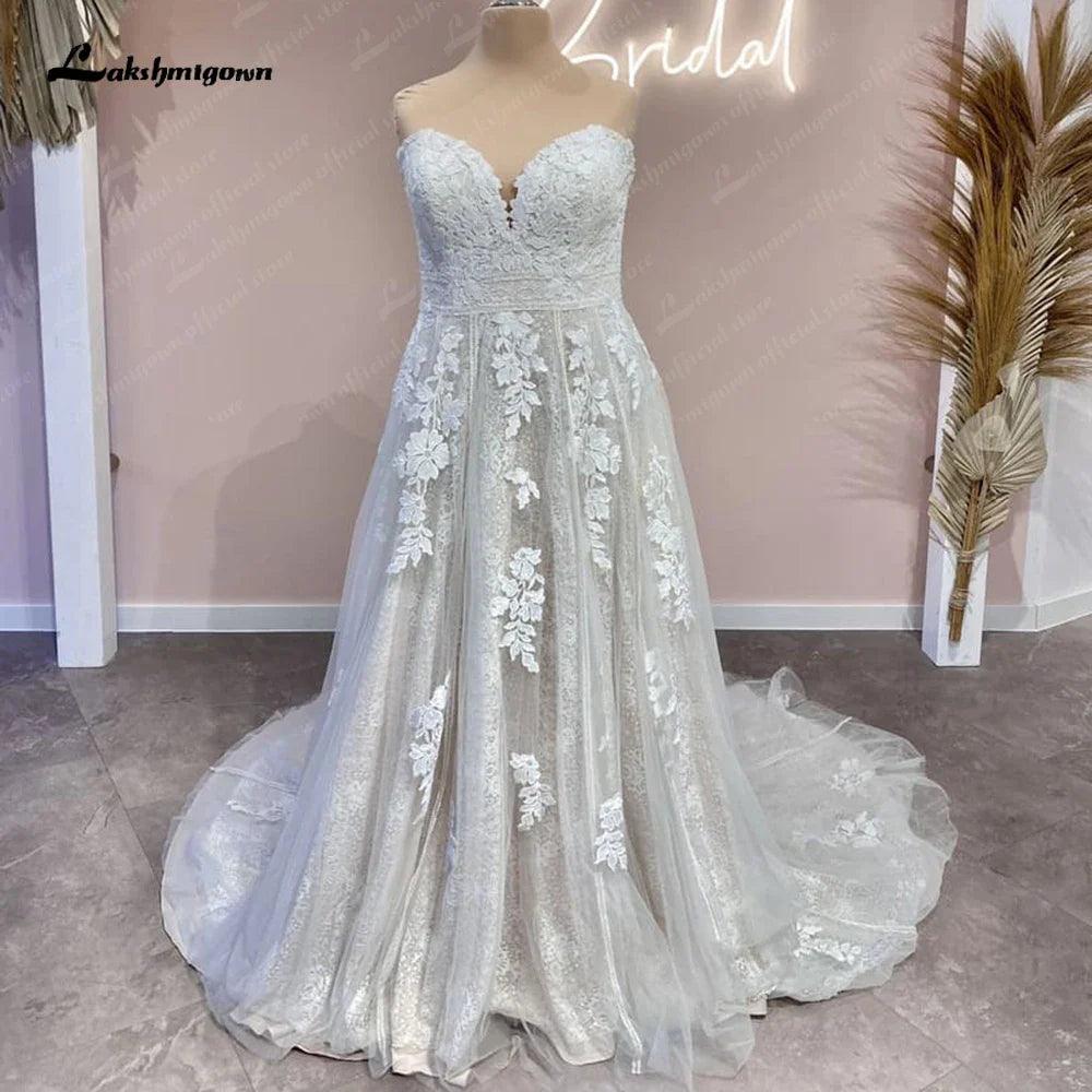Vestido de novia NumberSea con purpurina y escote corazón 2025, estilo bohemio, con apliques de encaje 