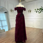 Elegantes weinrotes schulterfreies Spitzen-Abendkleid mit Applikationen