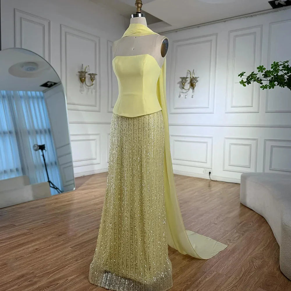 Vestido de noche de sirena de chifón amarillo de lujo con capa LA73007