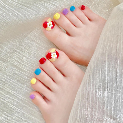 10pcs Hand-painted Cute Puppy Press On Toenails Black White Short Square Head False Toe Nails Crative Charm Stick-on Toenails