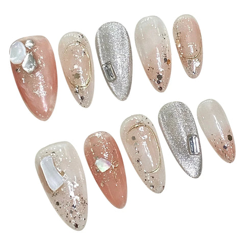10pcs Handmade Almond Fake Nail Tips Glitter Almond Cat's Eye Press On Nail Glossy Rhinestone Sequins Designs False Nails Art