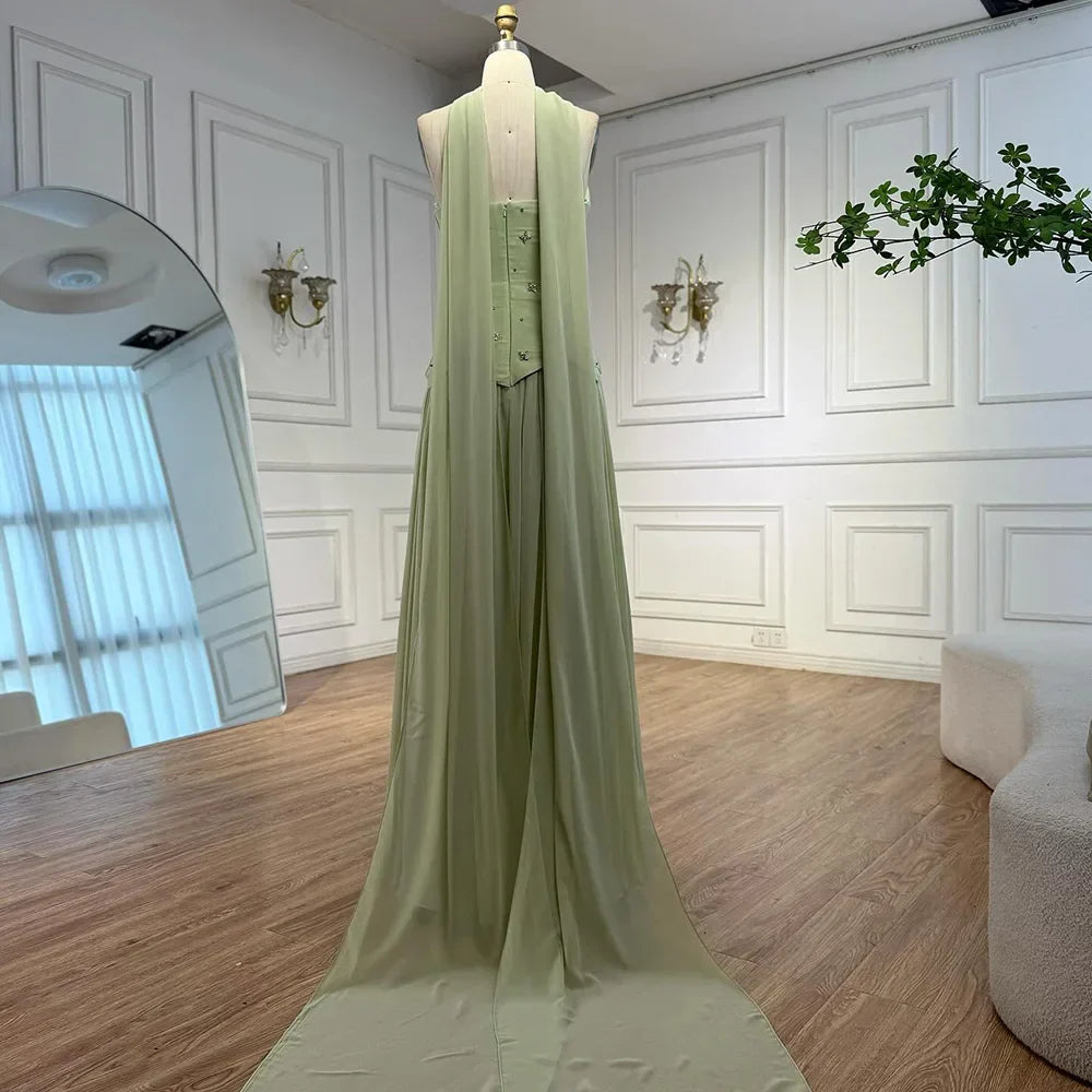 Elegante vestido de noche de chifón color verde salvia corte A