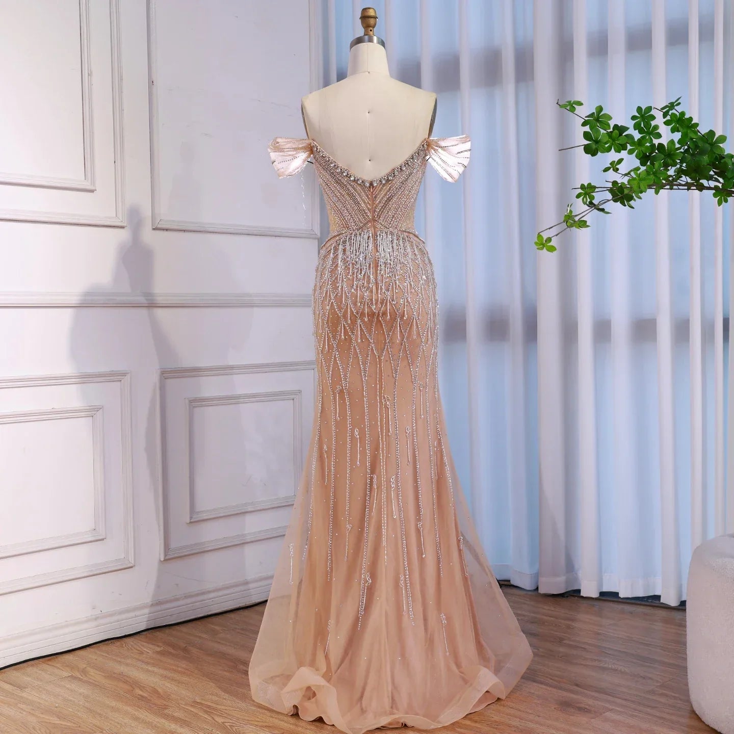 Luxury Nude Off Shoulder Beaded Tassel Evening Dress