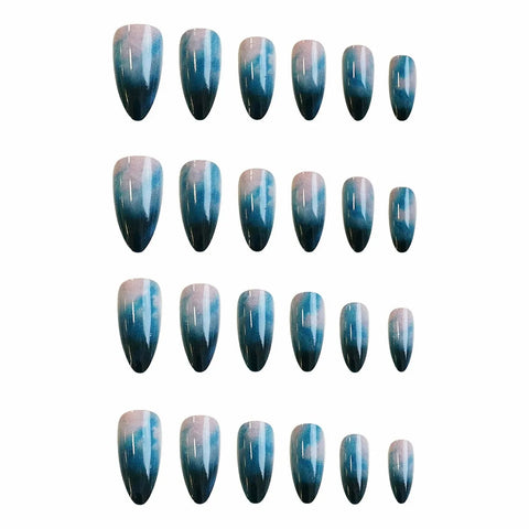 24pcs Dark Blue Gradient Oval Fake Nails Press On Nails French Spotting Gentle False Nails Short Almond Artificial Nail Wearable