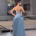 Serene Hill Blaues Spaghettiträger A-Linien One-Shoulder Ballkleid