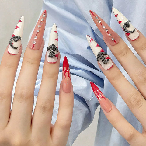 10pcs Long Stiletto Press On Nails Handmade Red French Style Glossy White Fake Nail Tips Glitter Diamond Decor Reusable Nail Art